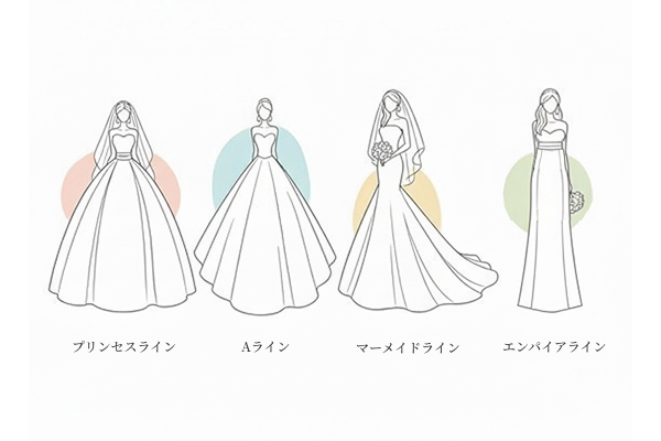 ライン別ドレスの種類の画像(プリンセスライン、Aライン、マーメイドライン、エンパイアライン)│横浜 pico PROGETTO